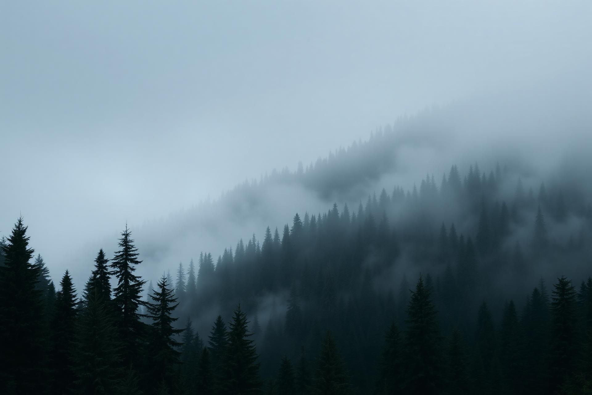 Misty valley with evergreen trees